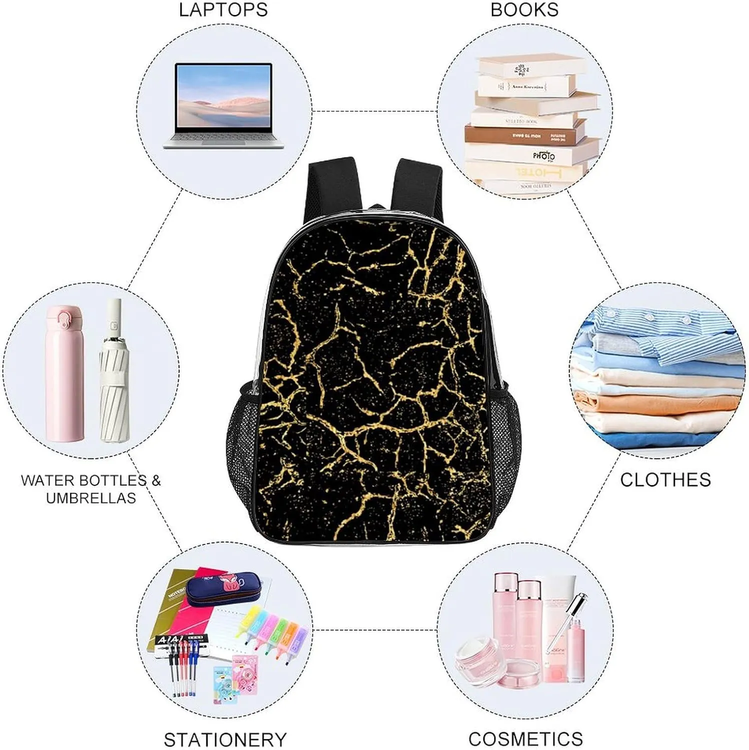 Black And Gold Marble Texture Transparent Fashion Waterproof PVC Transparent Backpack Unisex 17 Inches
