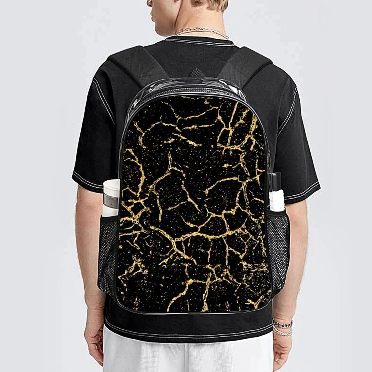 Black And Gold Marble Texture Transparent Fashion Waterproof PVC Transparent Backpack Unisex 17 Inches