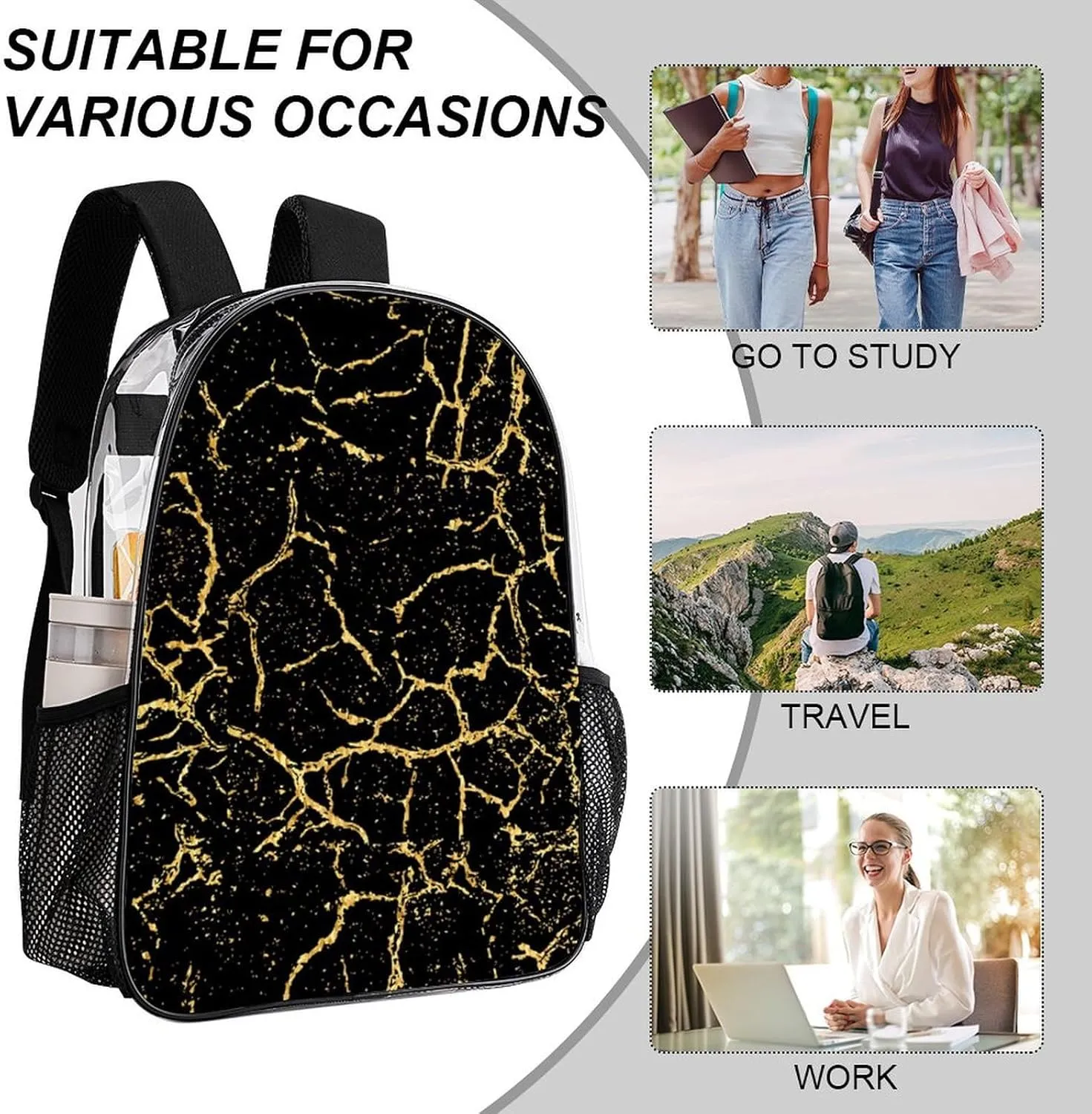 Black And Gold Marble Texture Transparent Fashion Waterproof PVC Transparent Backpack Unisex 17 Inches