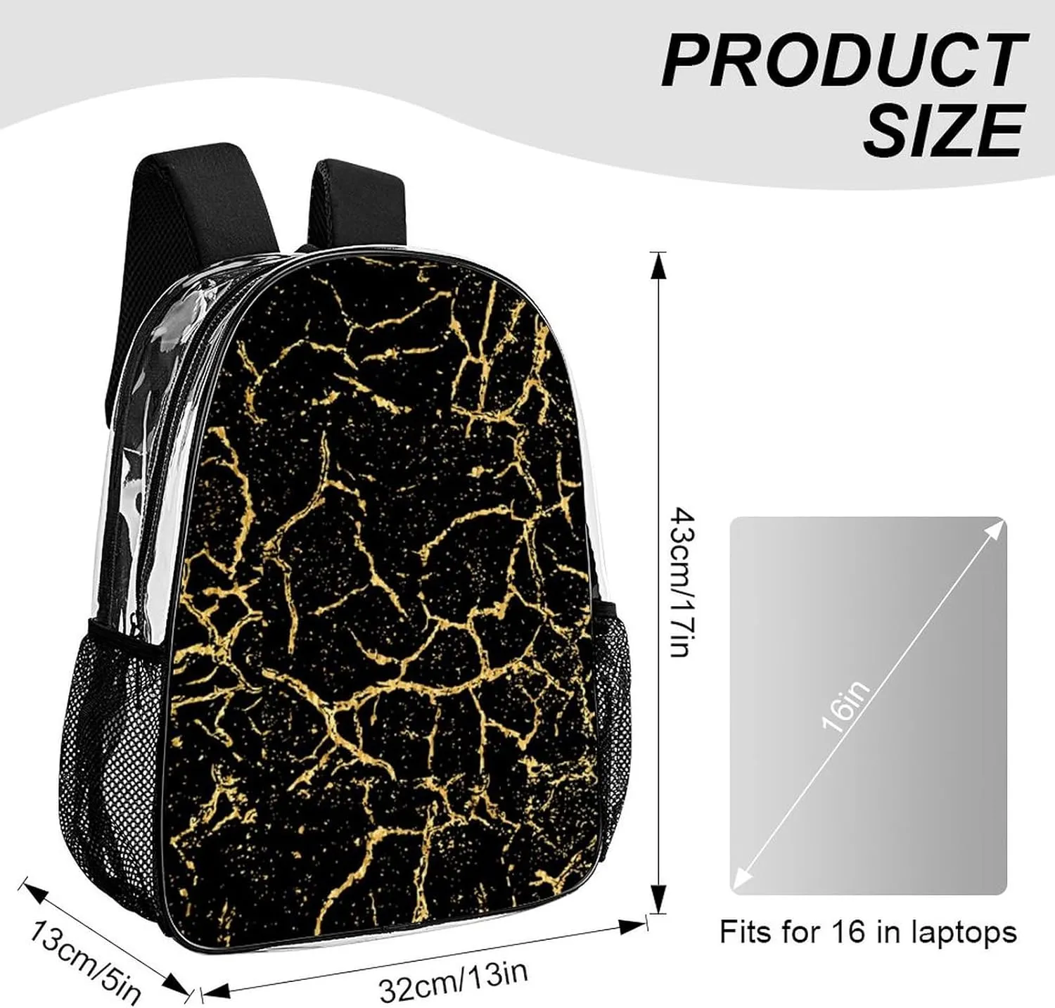 Black And Gold Marble Texture Transparent Fashion Waterproof PVC Transparent Backpack Unisex 17 Inches