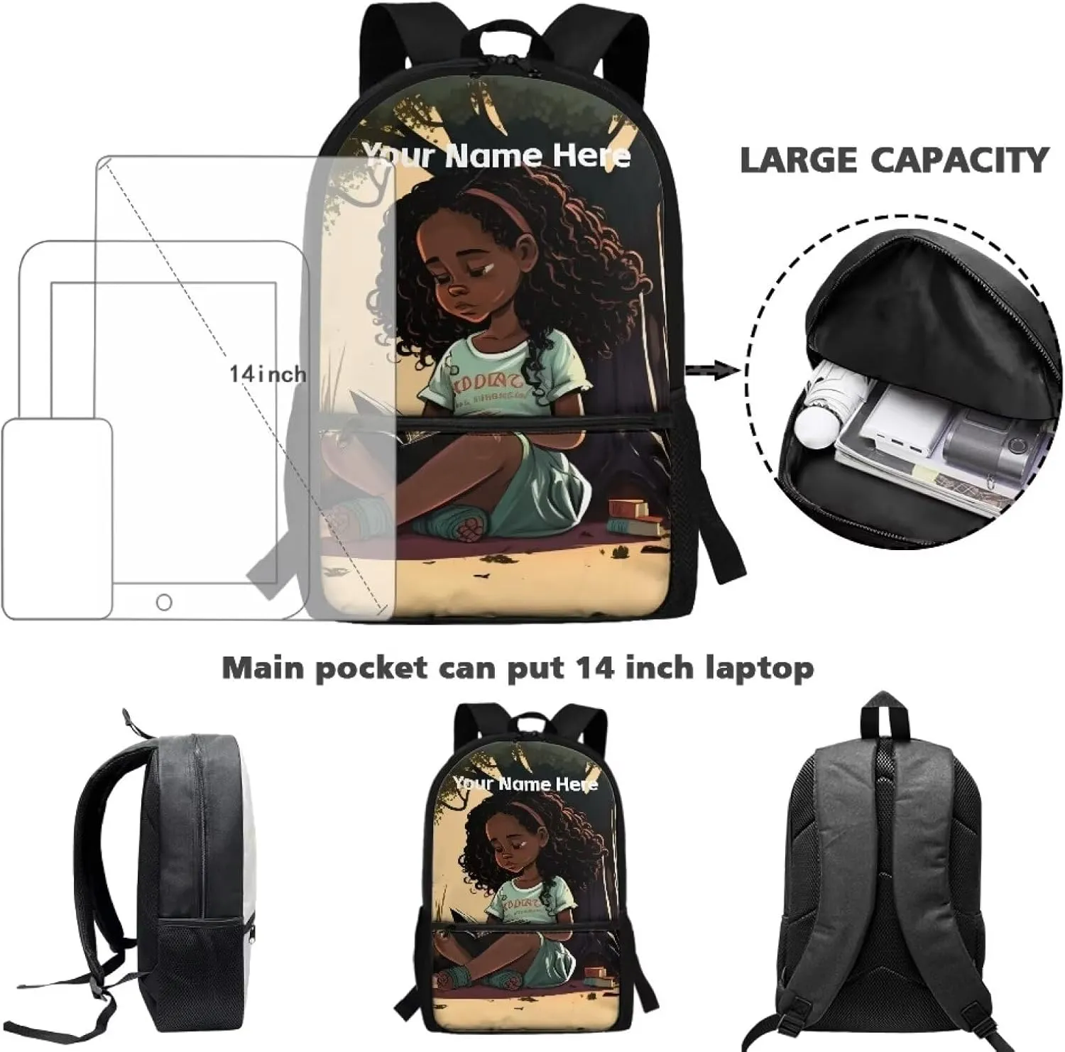 Black Girl Backpack for Kids 6-8 8-10 Personalized School Bag Girls African American Bookbag Custom Name Book Bags 3rd/Th /5th /6th Grade Kids Schoolbag Elementary/Kindergarten