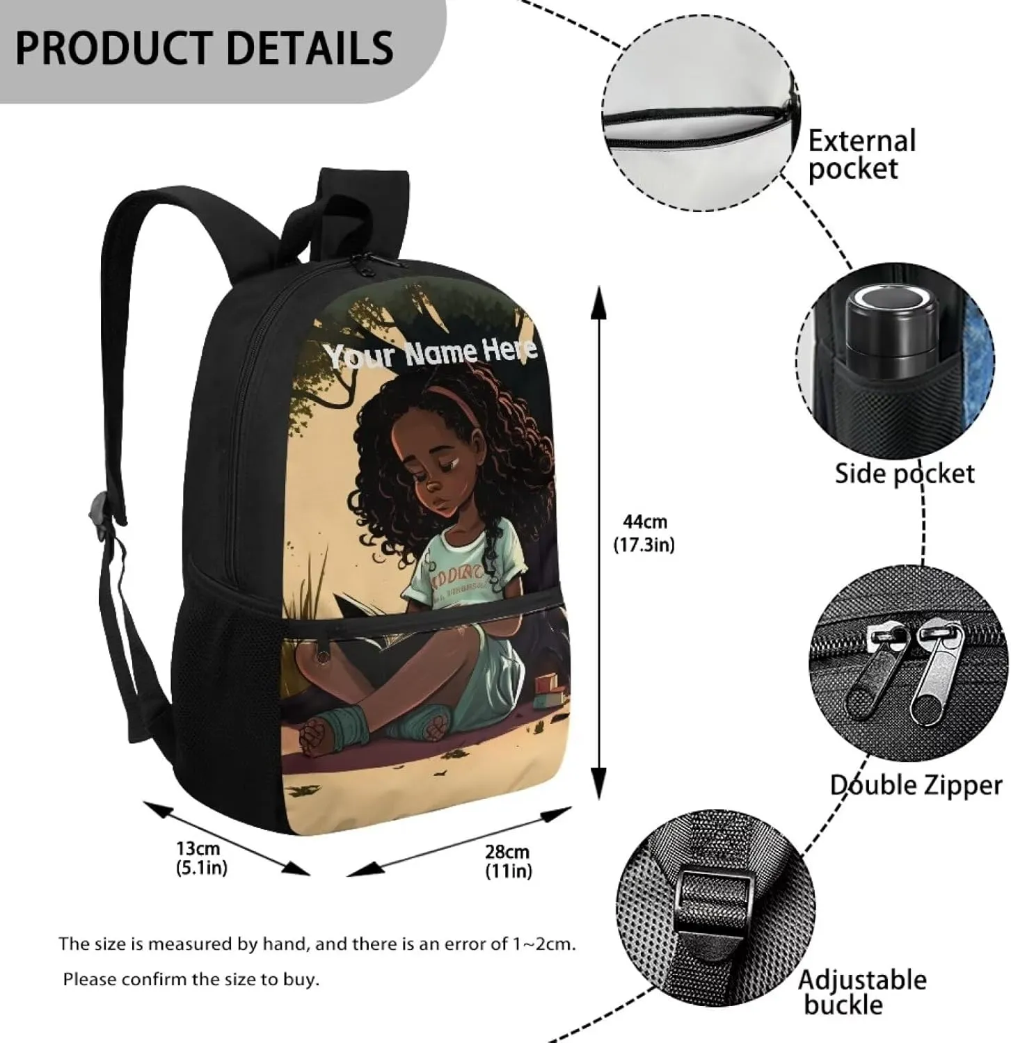 Black Girl Backpack for Kids 6-8 8-10 Personalized School Bag Girls African American Bookbag Custom Name Book Bags 3rd/Th /5th /6th Grade Kids Schoolbag Elementary/Kindergarten