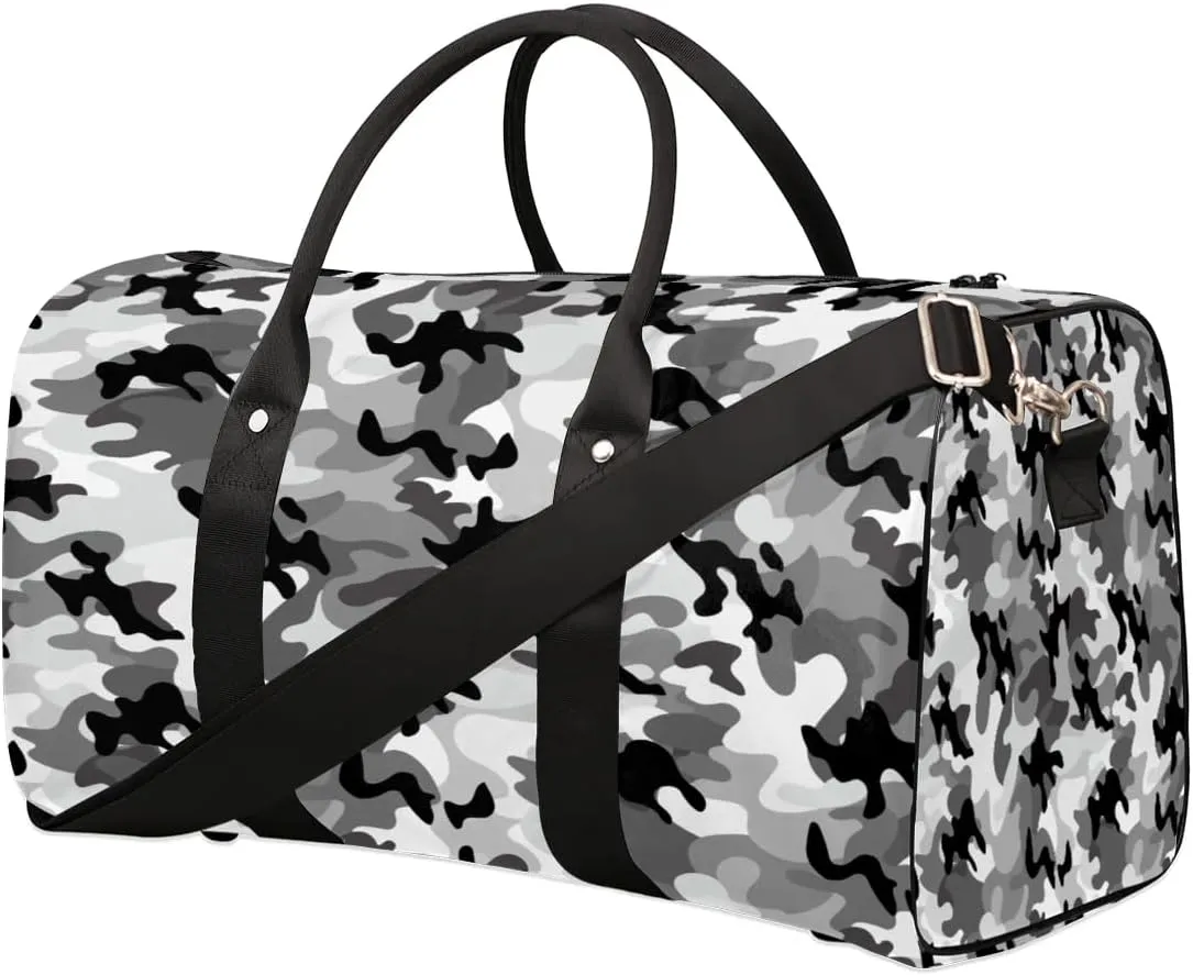 Black Grey White Camo Travel Duffel Bag for Women Men Foldable Sport Gym Tote Bag Lightweight Waterproof Weekender Overnight Bag for Weekend Holiday Gym Swim Yoga