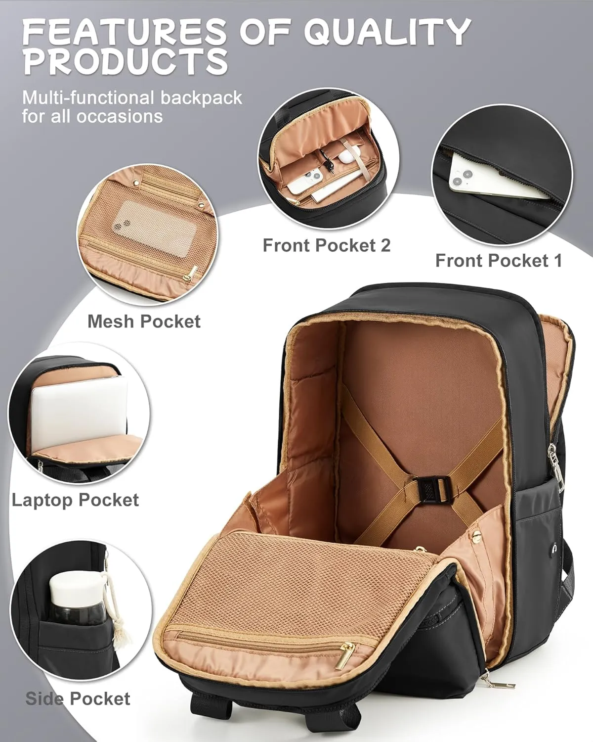 Black Travel Backpack - Carry On Flight Approved for Women, Small Personal Item Bag, Laptop Teacher Work Backpack for Traveling on Airplane