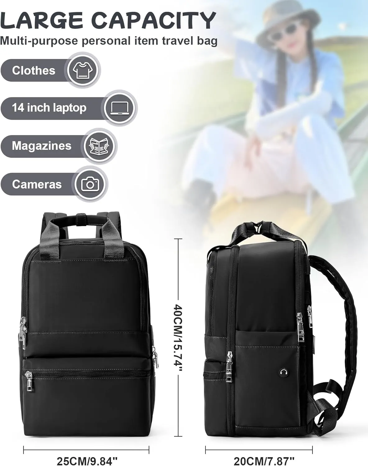 Black Travel Backpack - Carry On Flight Approved for Women, Small Personal Item Bag, Laptop Teacher Work Backpack for Traveling on Airplane