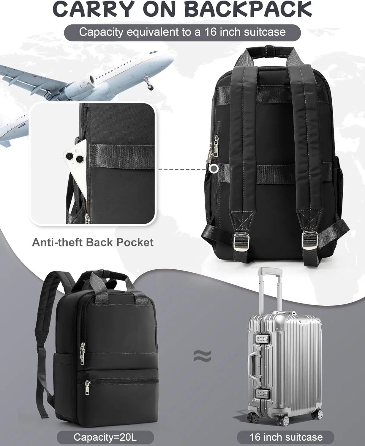 Black Travel Backpack - Carry On Flight Approved for Women, Small Personal Item Bag, Laptop Teacher Work Backpack for Traveling on Airplane