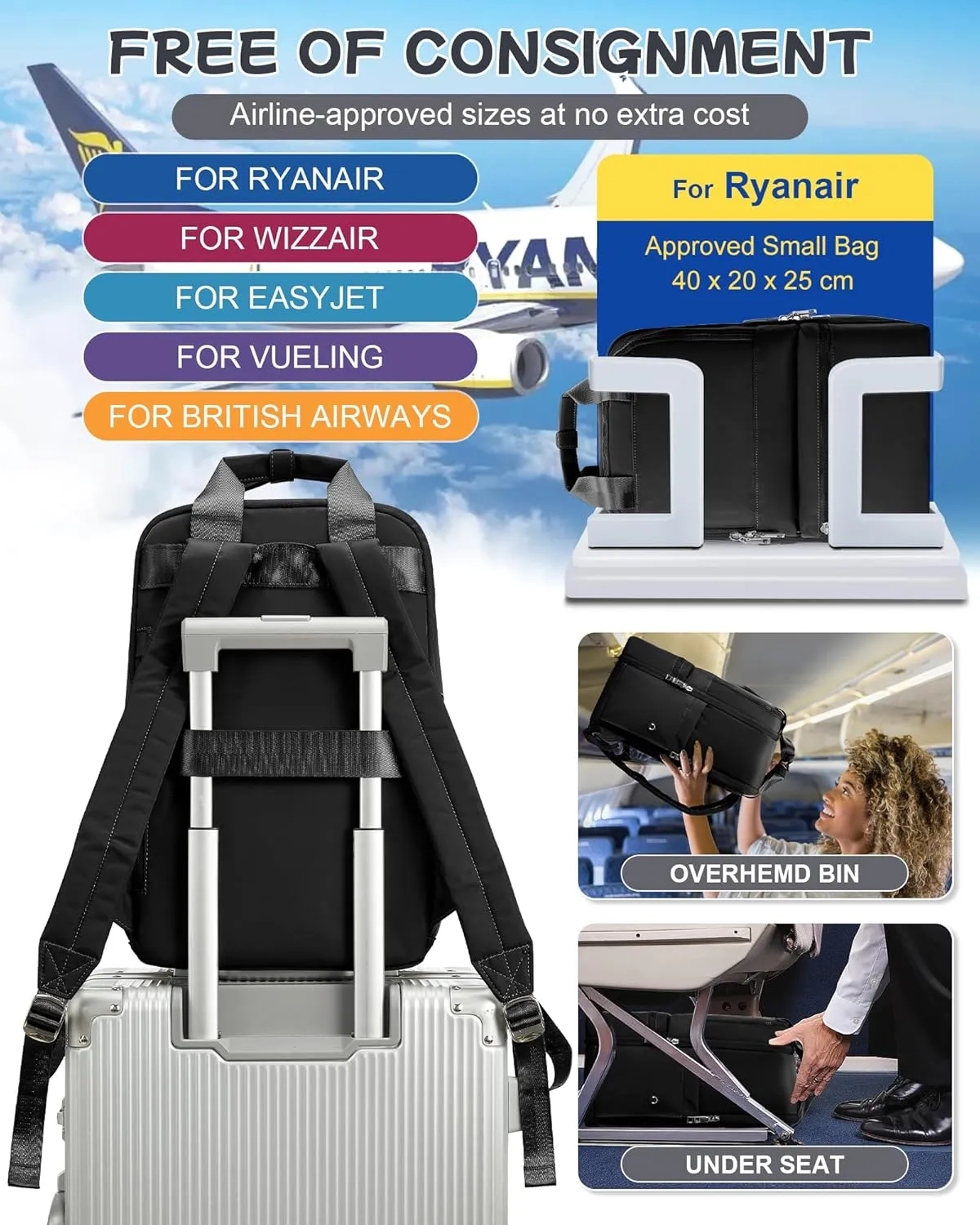 Black Travel Backpack - Carry On Flight Approved for Women, Small Personal Item Bag, Laptop Teacher Work Backpack for Traveling on Airplane