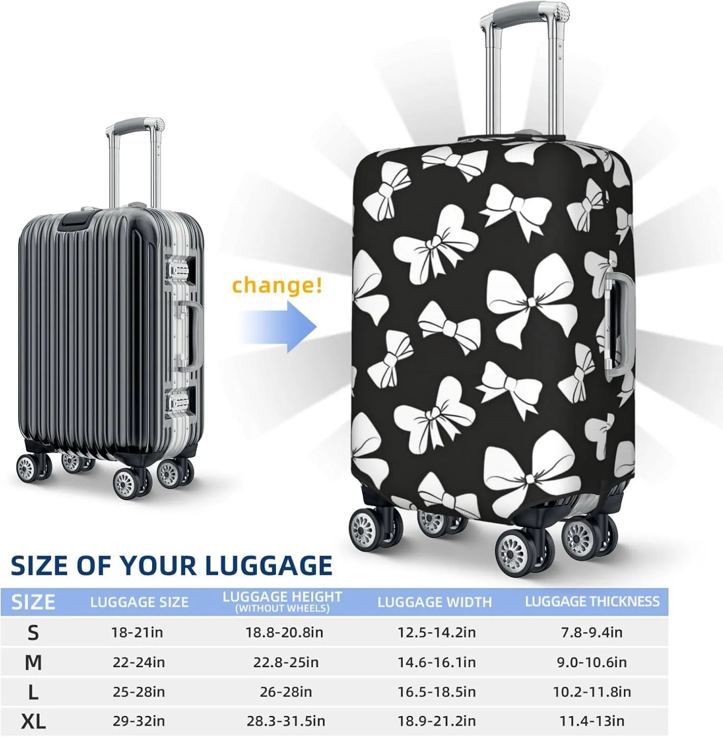 Black White Ribbon Bows Travel Luggage Cover Fits 18-32 Inch Luggage, Stretch Suitcase Cover Protector with Concealed Zipper for Wheeled Suitcase Travel Accessories