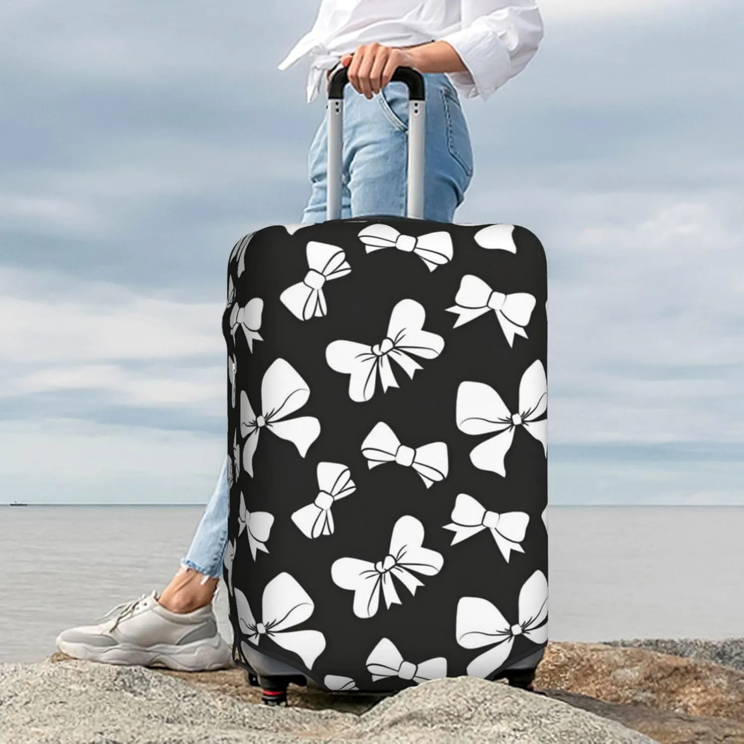 Black White Ribbon Bows Travel Luggage Cover Fits 18-32 Inch Luggage, Stretch Suitcase Cover Protector with Concealed Zipper for Wheeled Suitcase Travel Accessories