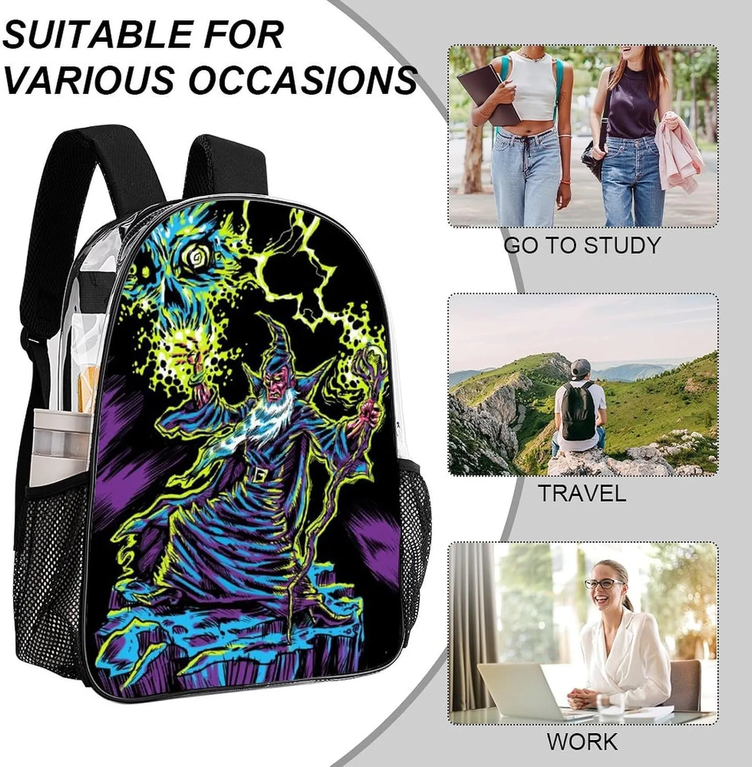 Blacklight by Evil Witch Transparent Fashion Waterproof PVC Transparent Backpack Unisex 17 Inches