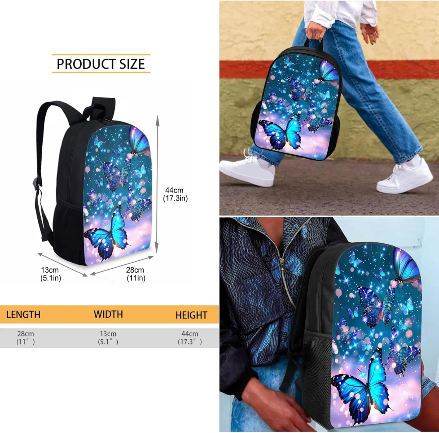 Blue Butterfly Backpack Set 3 Pcs Children School Bag with Insulated Lunch Tote Bag Pencil Case for Kids Girl Boy