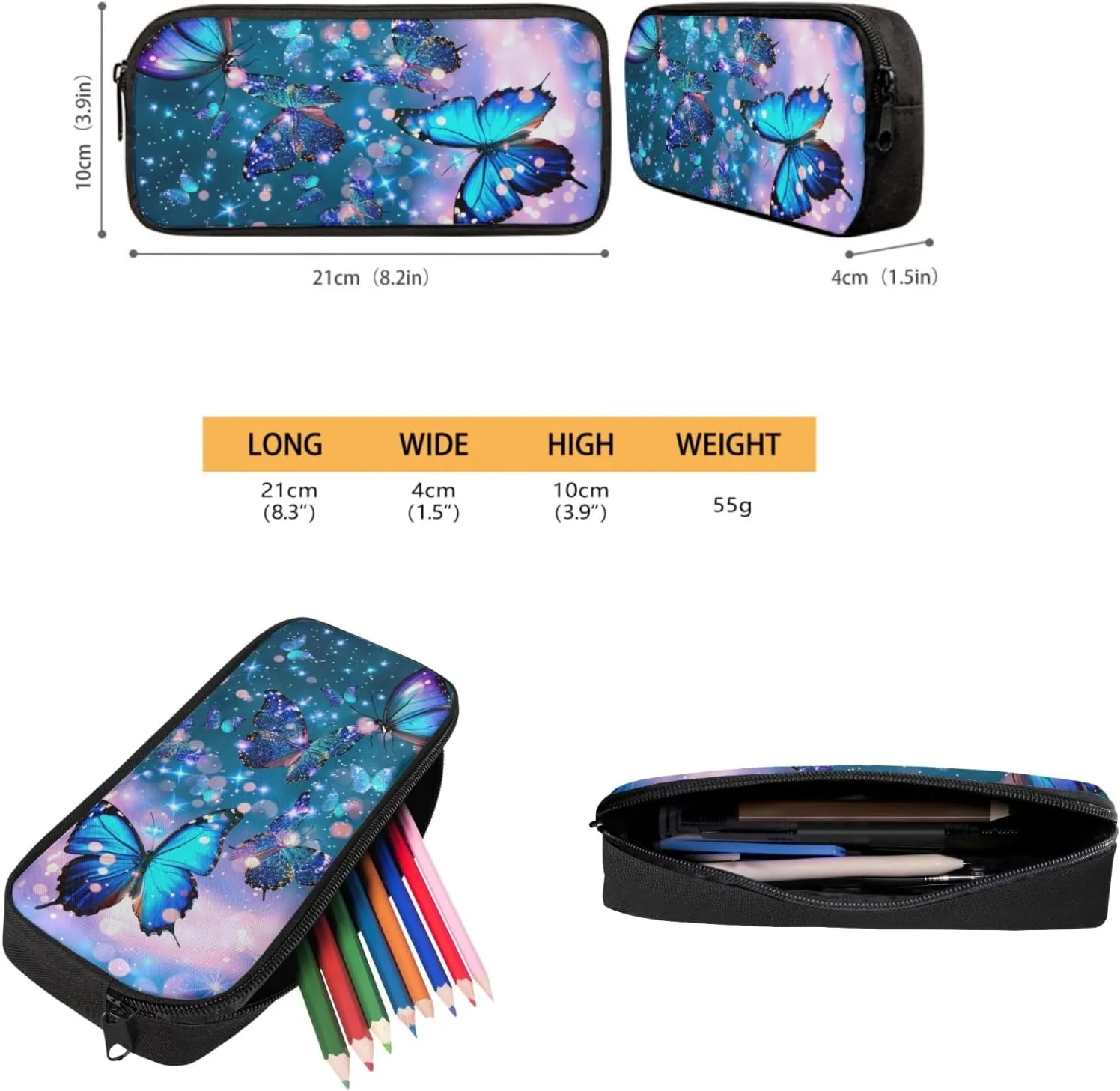 Blue Butterfly Backpack Set 3 Pcs Children School Bag with Insulated Lunch Tote Bag Pencil Case for Kids Girl Boy