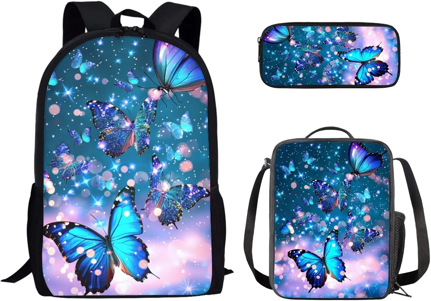 Blue Butterfly Backpack Set 3 Pcs Children School Bag with Insulated Lunch Tote Bag Pencil Case for Kids Girl Boy