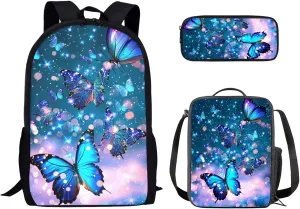 Blue Butterfly Backpack Set 3 Pcs Children School Bag with Insulated Lunch Tote Bag Pencil Case for Kids Girl Boy