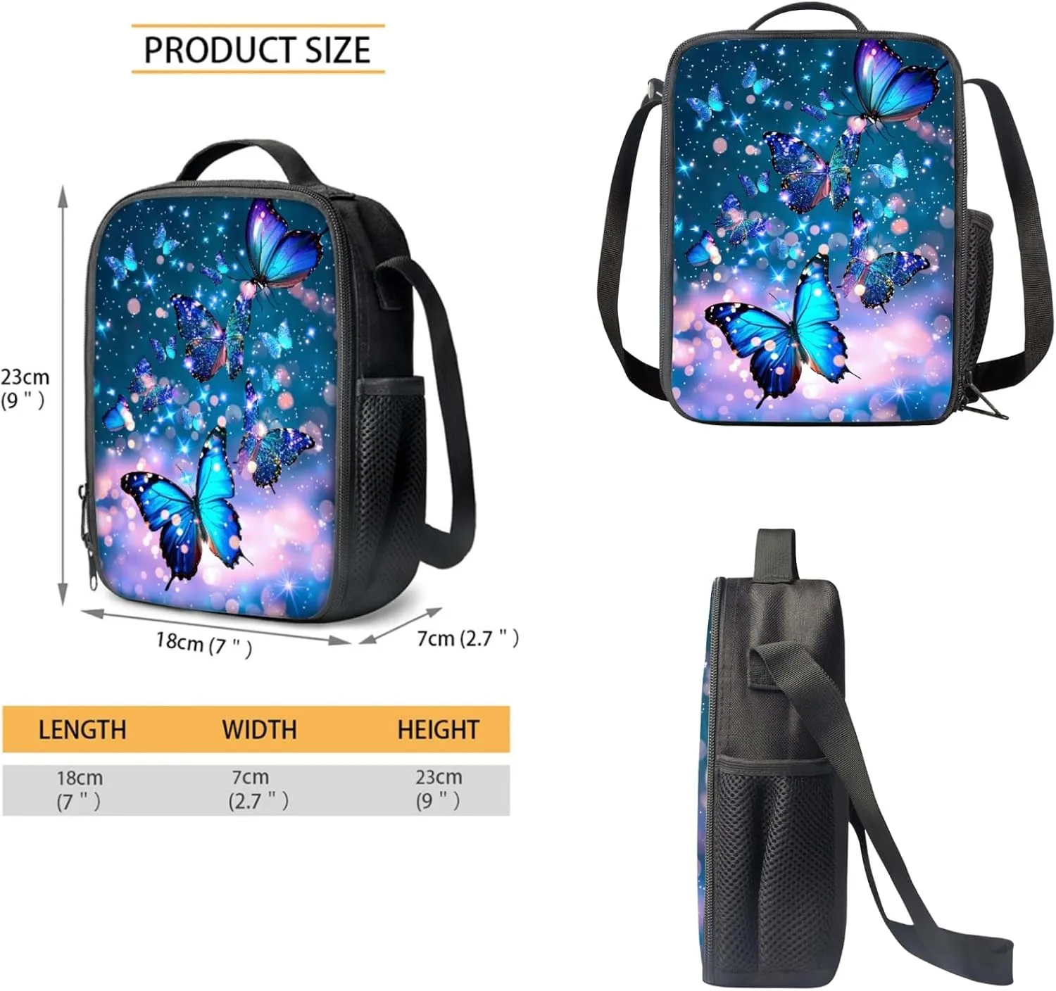 Blue Butterfly Backpack Set 3 Pcs Children School Bag with Insulated Lunch Tote Bag Pencil Case for Kids Girl Boy