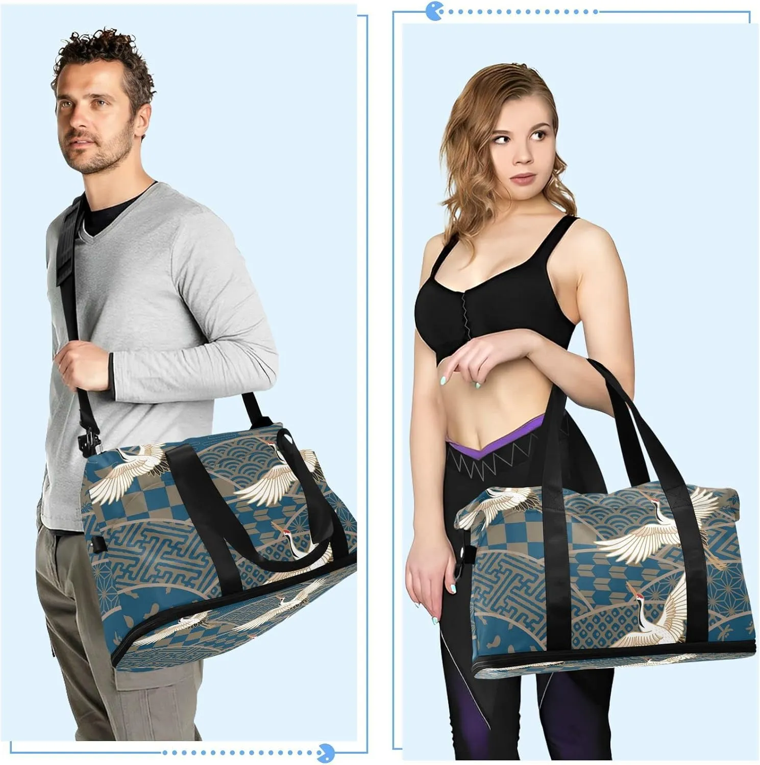 Blue Japanese Traditional Waves Two Cranes Chrysanthemum Flowers Foldable Travel Bag, Camping Luggage bag, Portable Gym Bag, Sports Bag, Toiletry Bag with Handles Adjustable Shoulder Strap