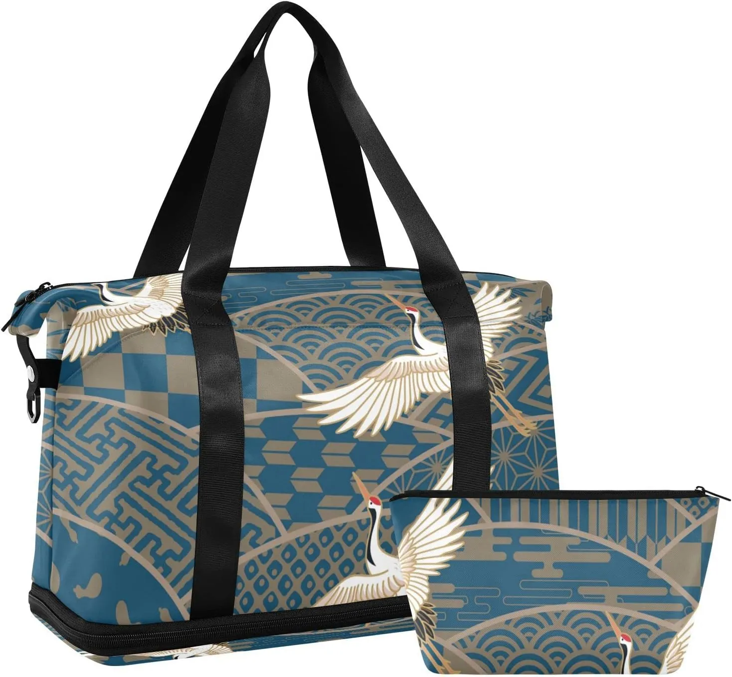 Blue Japanese Traditional Waves Two Cranes Chrysanthemum Flowers Foldable Travel Bag, Camping Luggage bag, Portable Gym Bag, Sports Bag, Toiletry Bag with Handles Adjustable Shoulder Strap