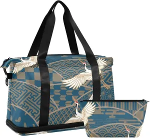 Blue Japanese Traditional Waves Two Cranes Chrysanthemum Flowers Foldable Travel Bag, Camping Luggage bag, Portable Gym Bag, Sports Bag, Toiletry Bag with Handles Adjustable Shoulder Strap