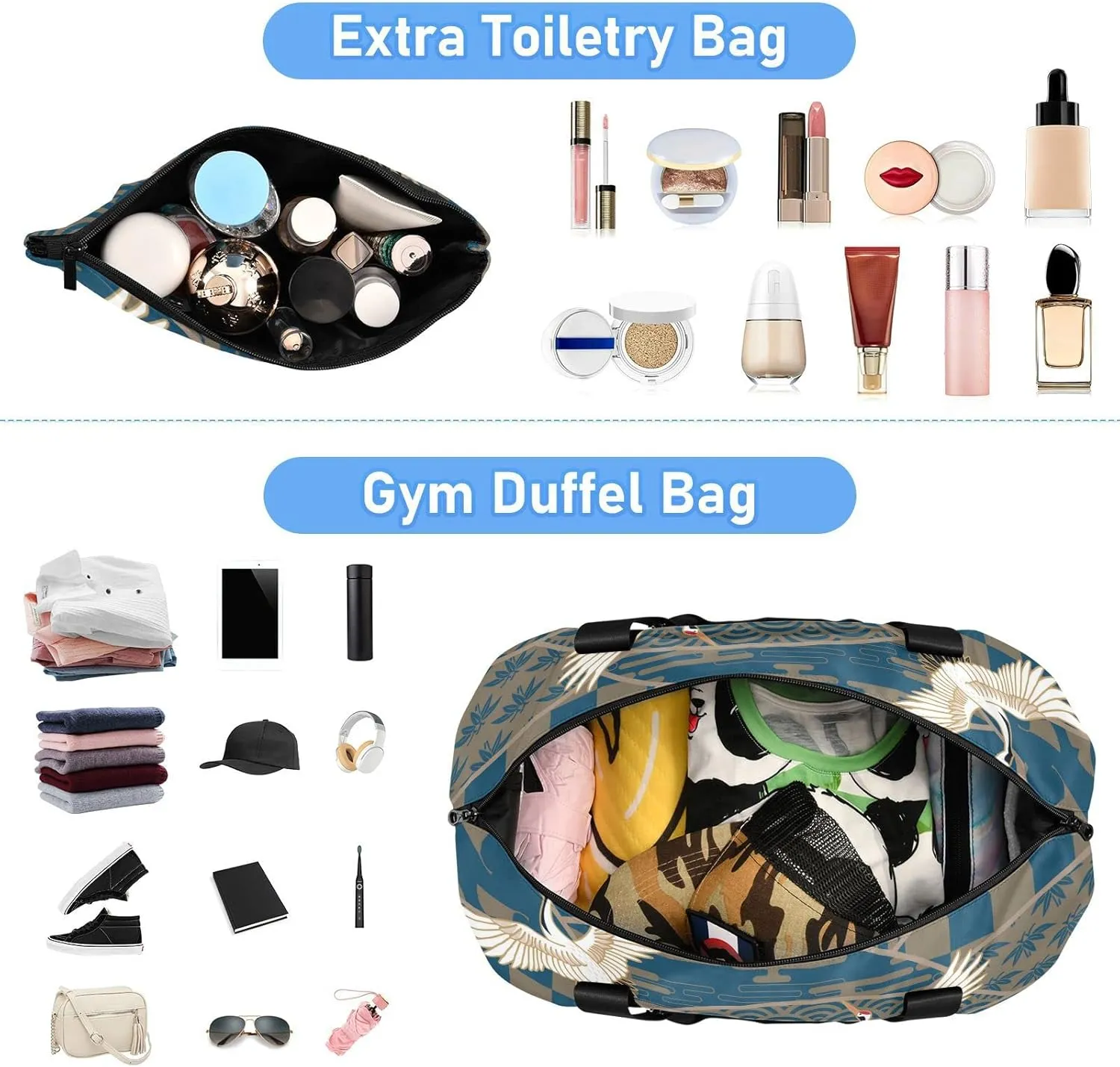 Blue Japanese Traditional Waves Two Cranes Chrysanthemum Flowers Foldable Travel Bag, Camping Luggage bag, Portable Gym Bag, Sports Bag, Toiletry Bag with Handles Adjustable Shoulder Strap