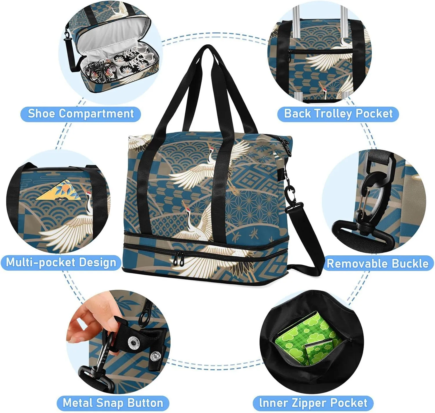 Blue Japanese Traditional Waves Two Cranes Chrysanthemum Flowers Foldable Travel Bag, Camping Luggage bag, Portable Gym Bag, Sports Bag, Toiletry Bag with Handles Adjustable Shoulder Strap