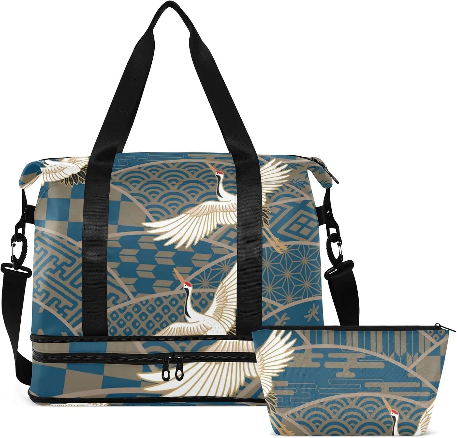 Blue Japanese Traditional Waves Two Cranes Chrysanthemum Flowers Foldable Travel Bag, Camping Luggage bag, Portable Gym Bag, Sports Bag, Toiletry Bag with Handles Adjustable Shoulder Strap