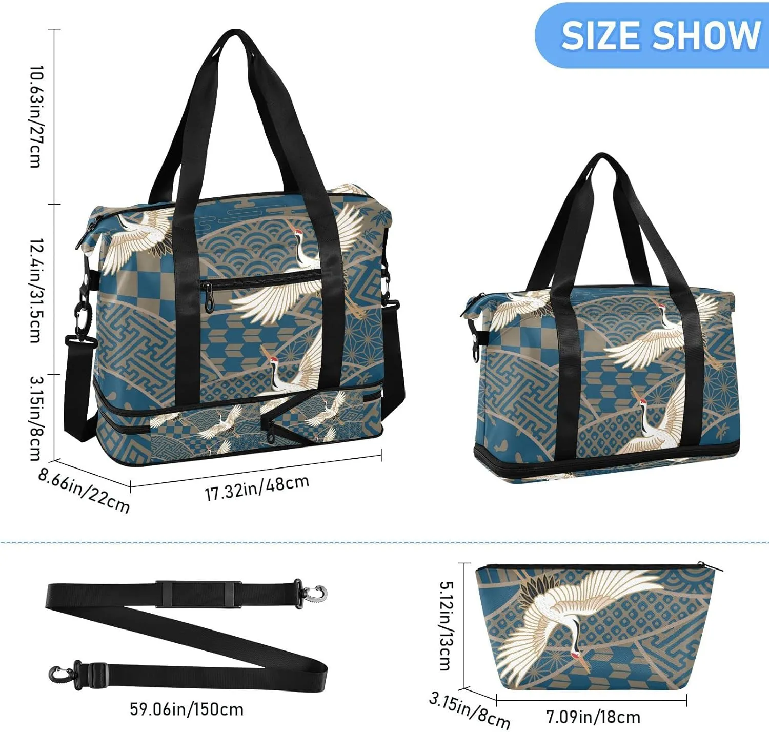 Blue Japanese Traditional Waves Two Cranes Chrysanthemum Flowers Foldable Travel Bag, Camping Luggage bag, Portable Gym Bag, Sports Bag, Toiletry Bag with Handles Adjustable Shoulder Strap