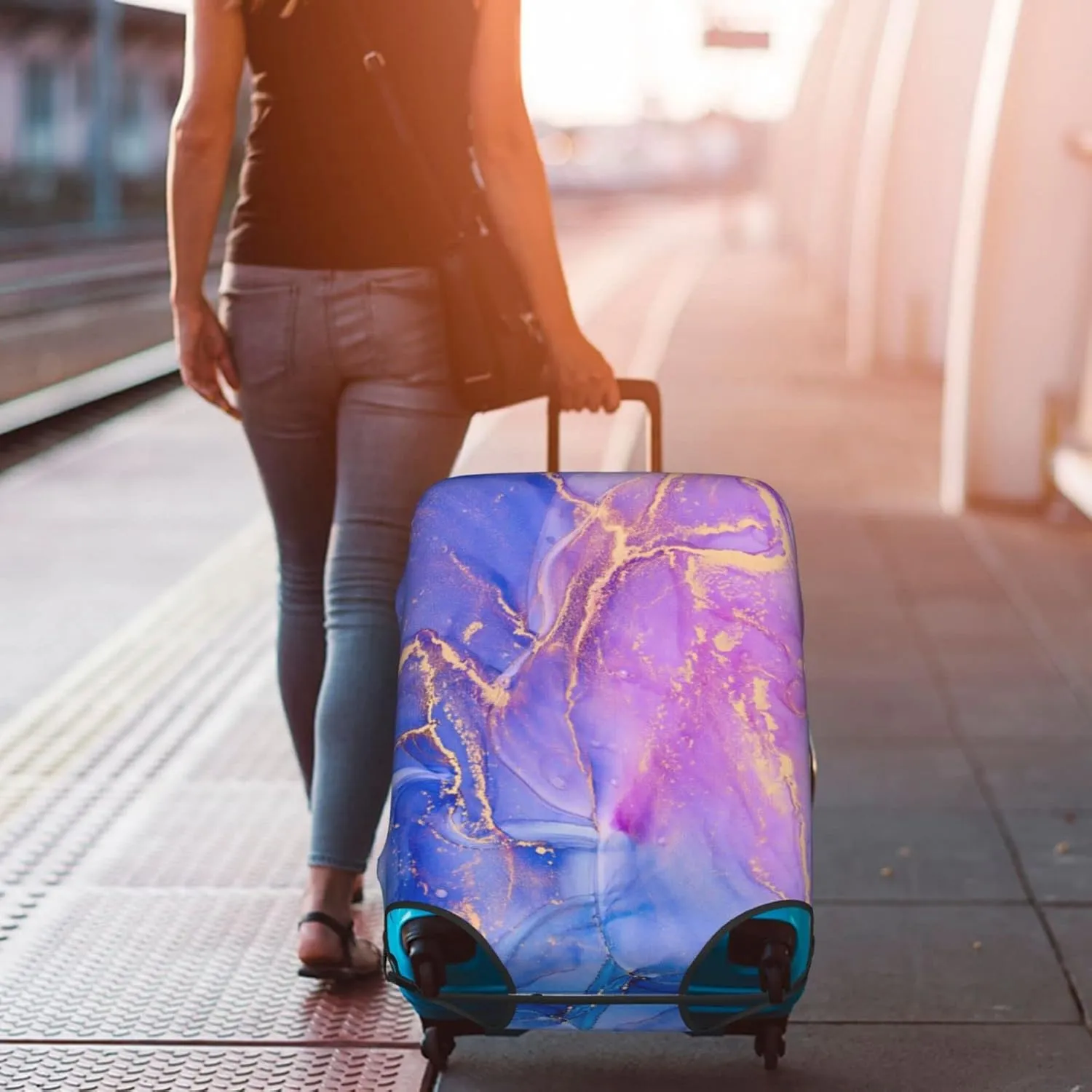 Blue Purple Abstract Waves Luggage Cover Elastic Washable Stretch Suitcase Protector Anti-Scratch Travel Suitcase Cover for Kid and Adult S (18-21 inch suitcase)