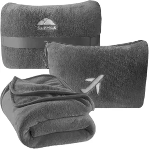 BlueHills Travel Blanket Pillow in Mini Soft Case Premium Plush Airplane Blanket Soft Bag Compact Pack with Luggage Belt and Backpack Clip Small Lightweight Traveling Plane Essentials - Grey Gray M01