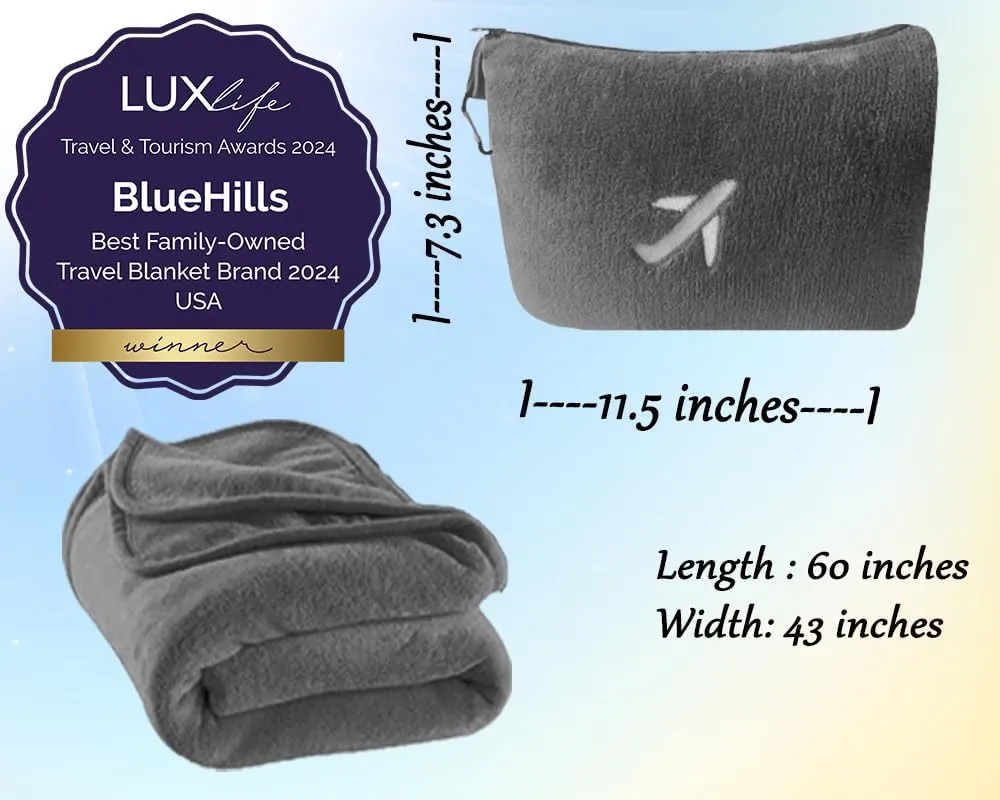 BlueHills Travel Blanket Pillow in Mini Soft Case Premium Plush Airplane Blanket Soft Bag Compact Pack with Luggage Belt and Backpack Clip Small Lightweight Traveling Plane Essentials - Grey Gray M01