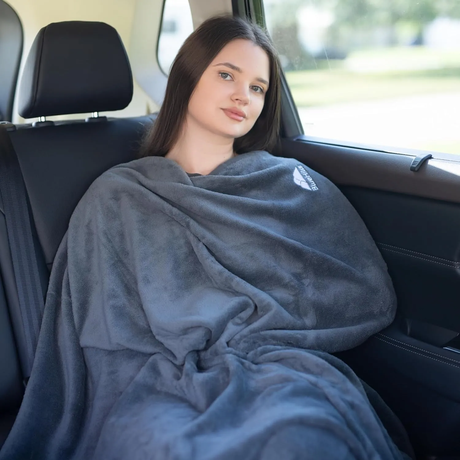 BlueHills Travel Blanket Pillow in Mini Soft Case Premium Plush Airplane Blanket Soft Bag Compact Pack with Luggage Belt and Backpack Clip Small Lightweight Traveling Plane Essentials - Grey Gray M01