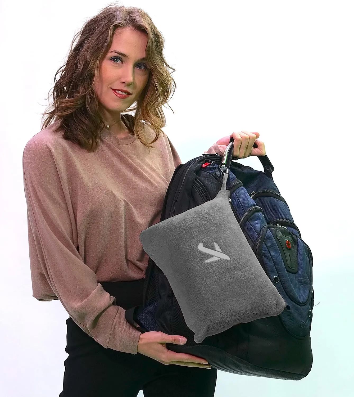 BlueHills Travel Blanket Pillow in Mini Soft Case Premium Plush Airplane Blanket Soft Bag Compact Pack with Luggage Belt and Backpack Clip Small Lightweight Traveling Plane Essentials - Grey Gray M01