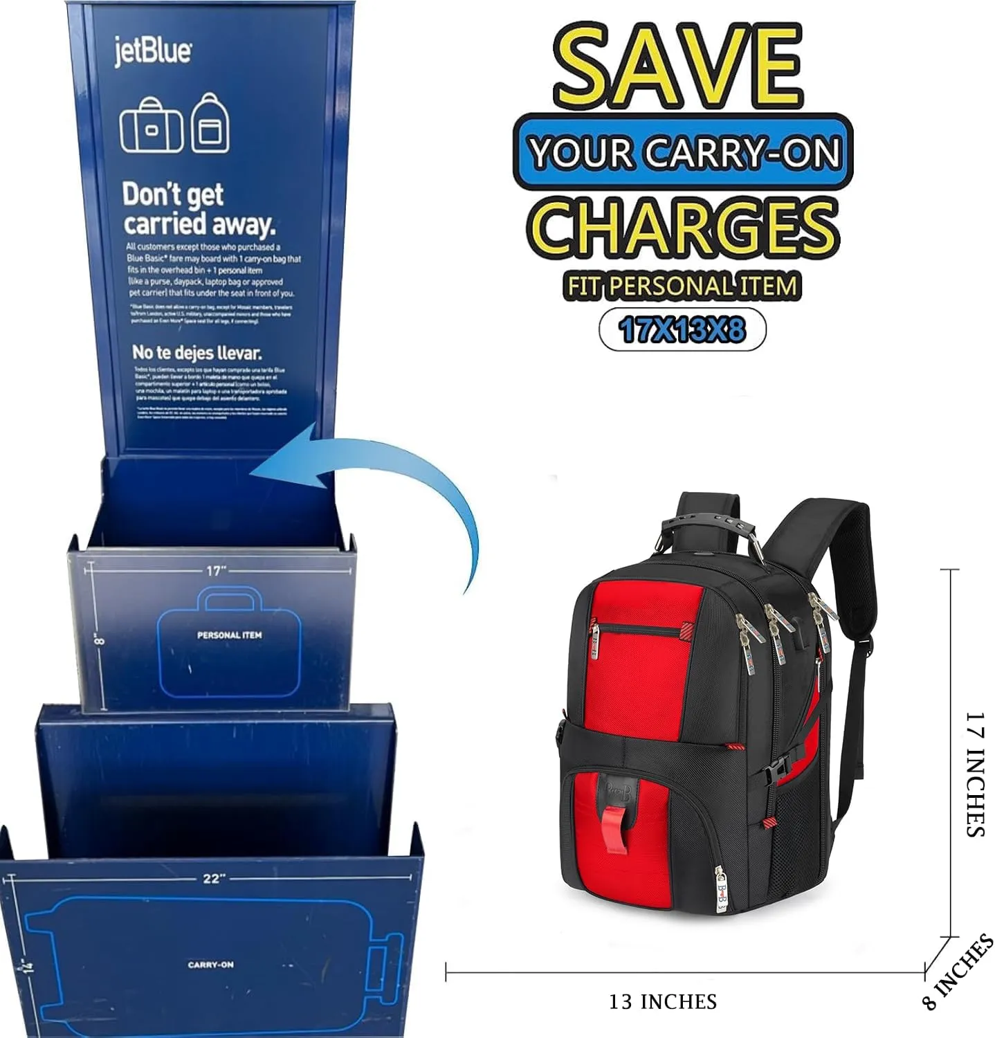 Boardingblue 17x13x8 Inches Laptop College Travel Backpacks for Men Women, Under-Seat Backpack for JetBlue, Spirit, Frontier(Red)