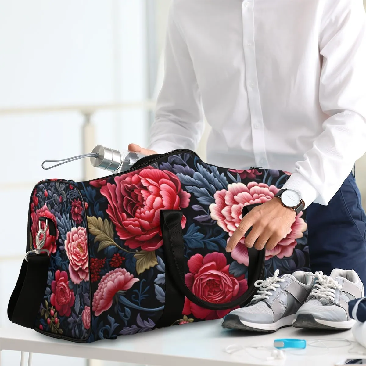 Bohemian Peony Travel Duffle Bag for Women Men Gym Duffel Foldable Bag Waterproof Weekender Farmhouse Floral Duffle Tote