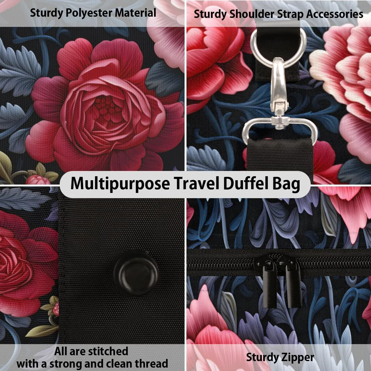 Bohemian Peony Travel Duffle Bag for Women Men Gym Duffel Foldable Bag Waterproof Weekender Farmhouse Floral Duffle Tote