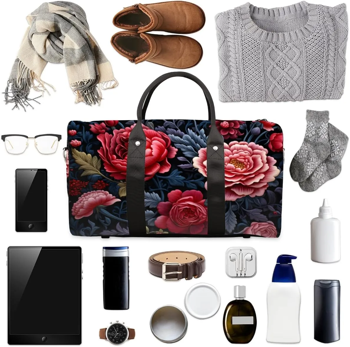 Bohemian Peony Travel Duffle Bag for Women Men Gym Duffel Foldable Bag Waterproof Weekender Farmhouse Floral Duffle Tote
