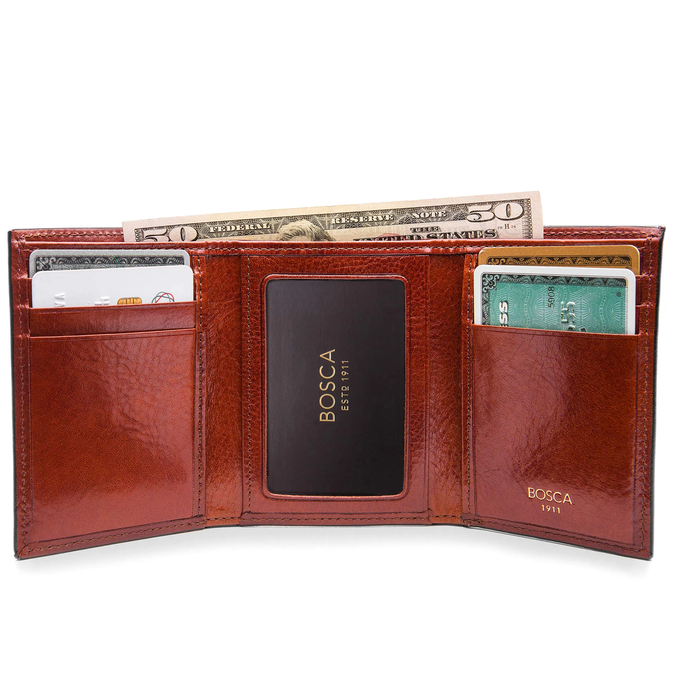 Bosca Mens Old Leather Collection Double ID Trifold Wallet
