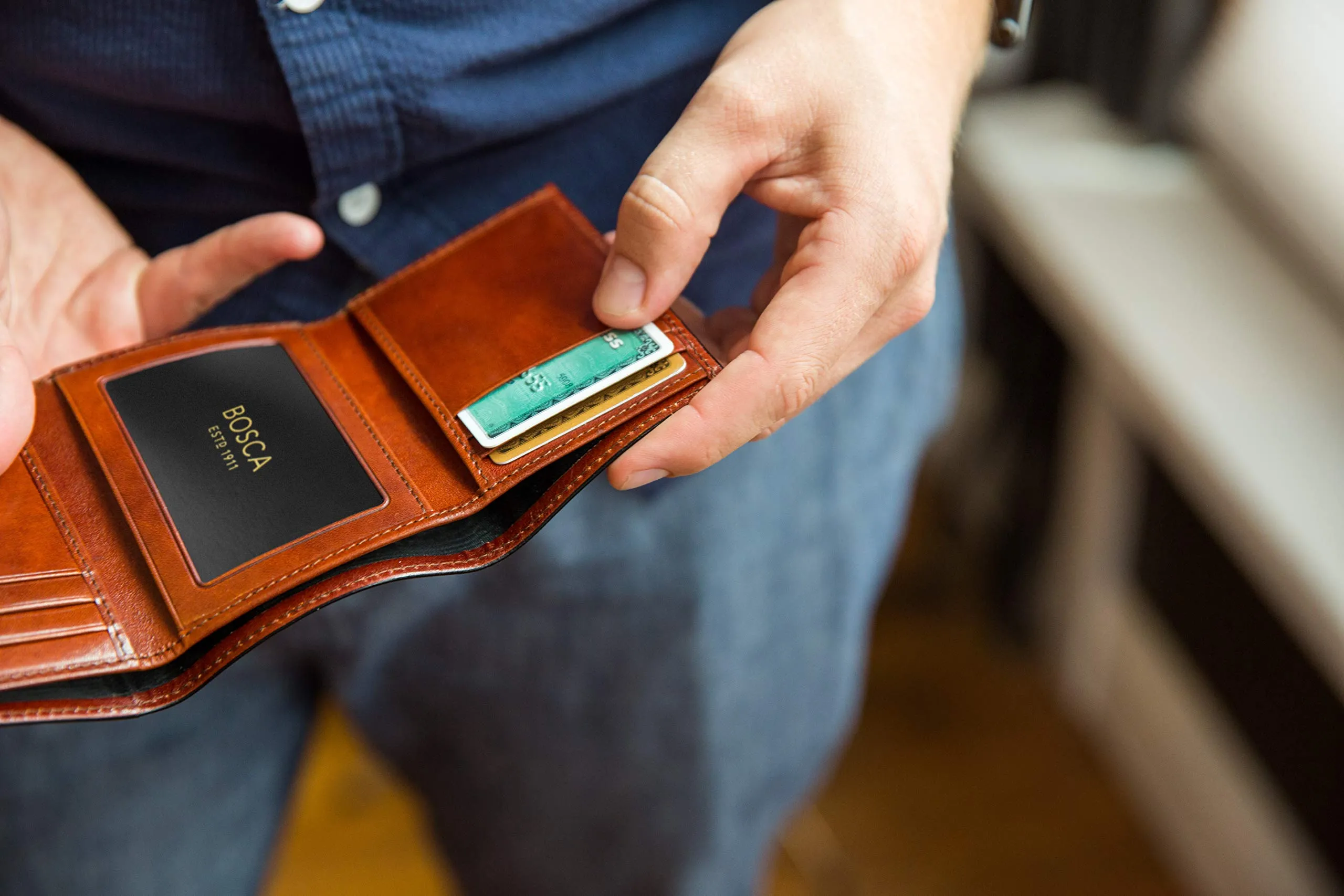 Bosca Mens Old Leather Collection Double ID Trifold Wallet