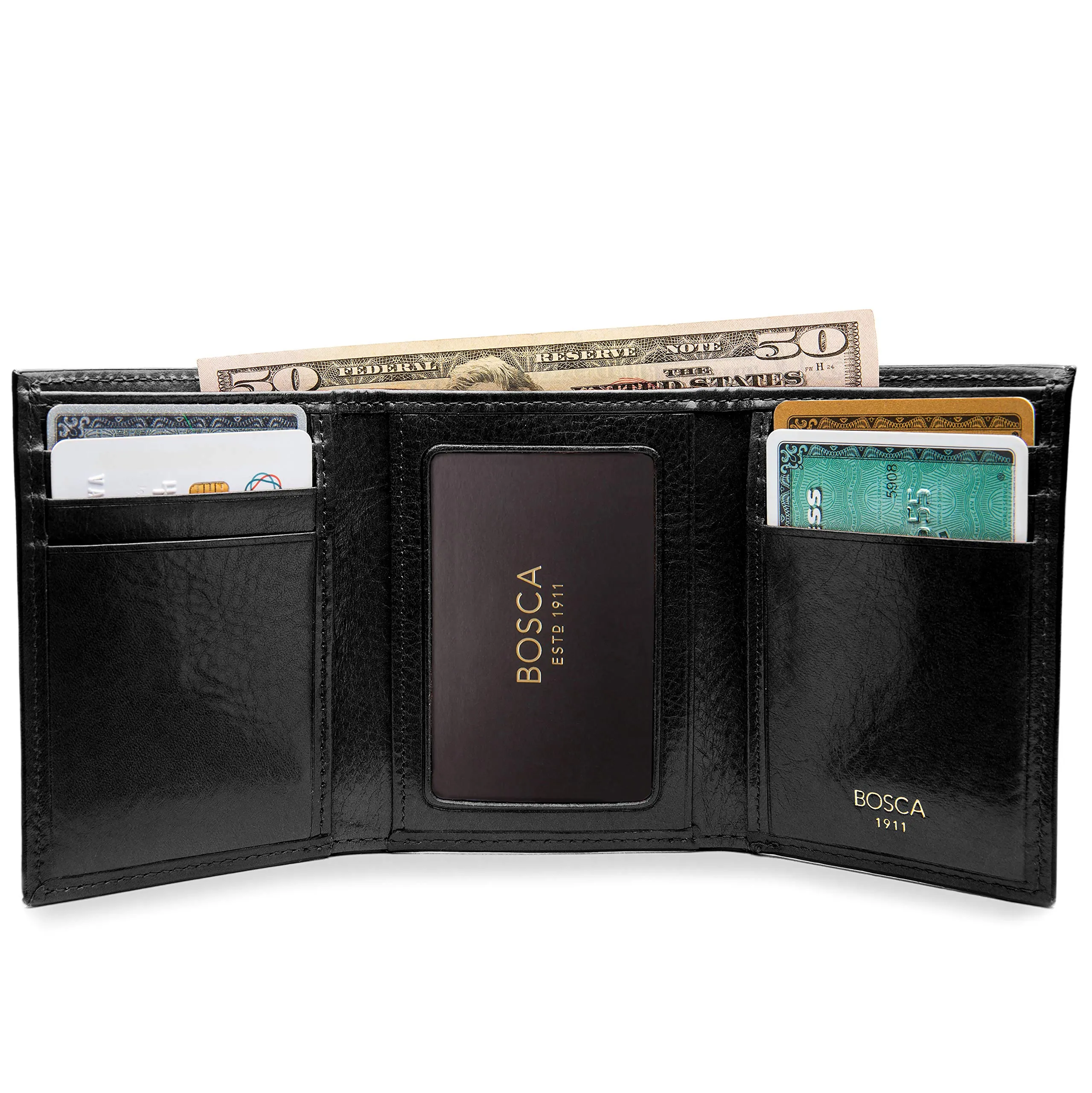 Bosca Mens Old Leather Collection Double ID Trifold Wallet