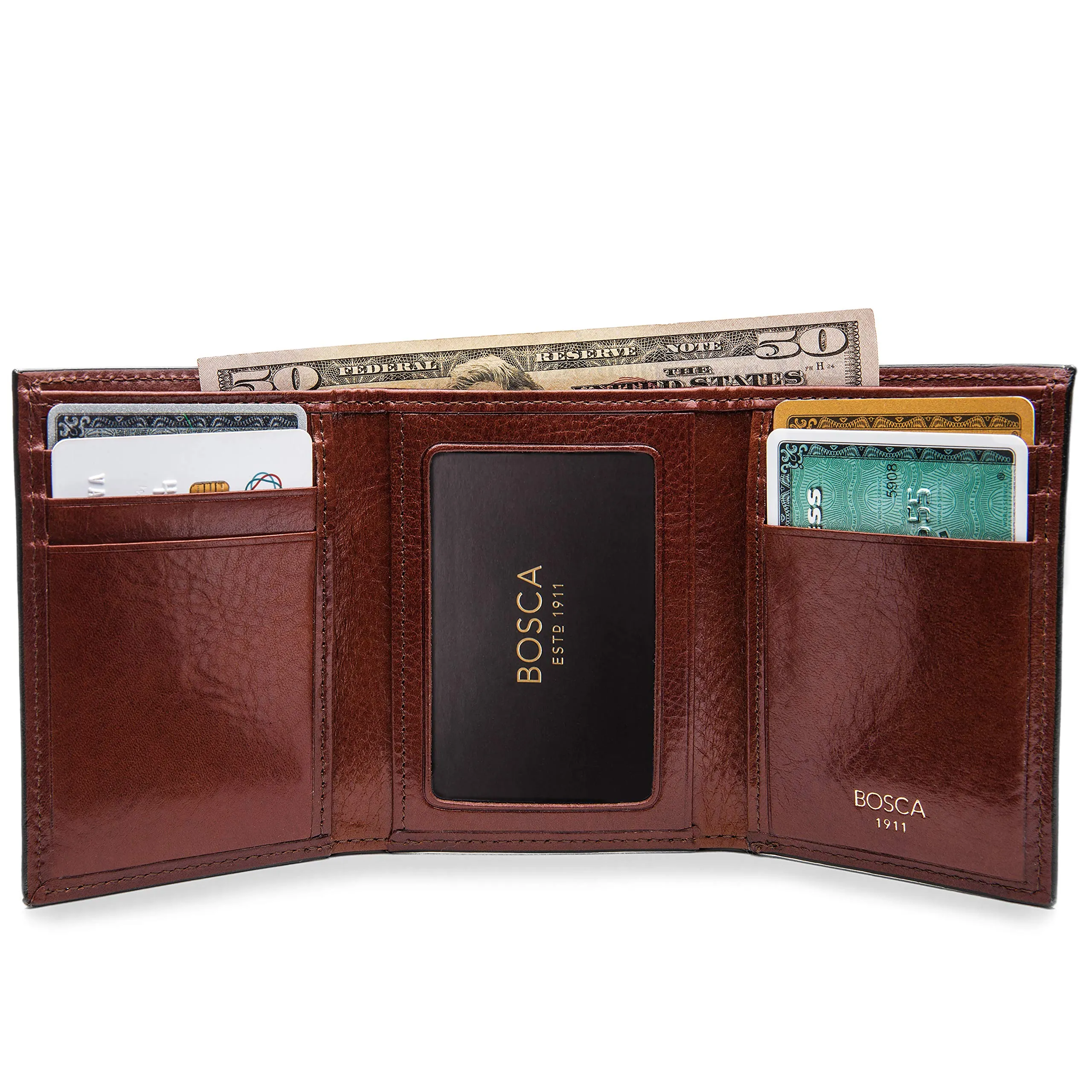 Bosca Mens Old Leather Collection Double ID Trifold Wallet
