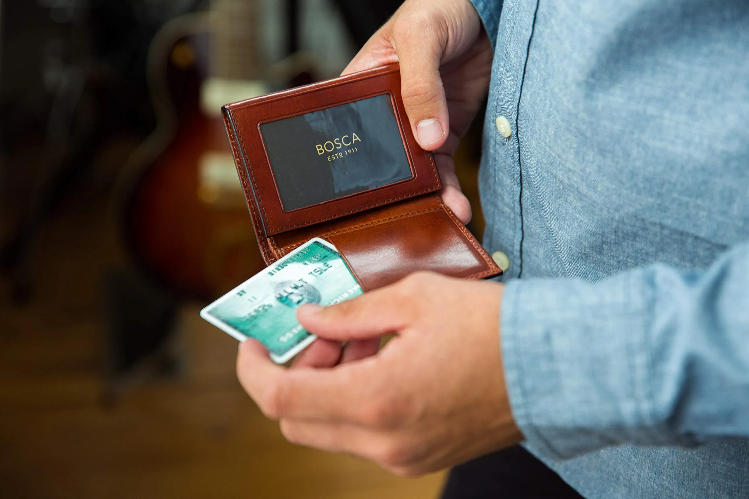 Bosca Mens Old Leather Collection Double ID Trifold Wallet