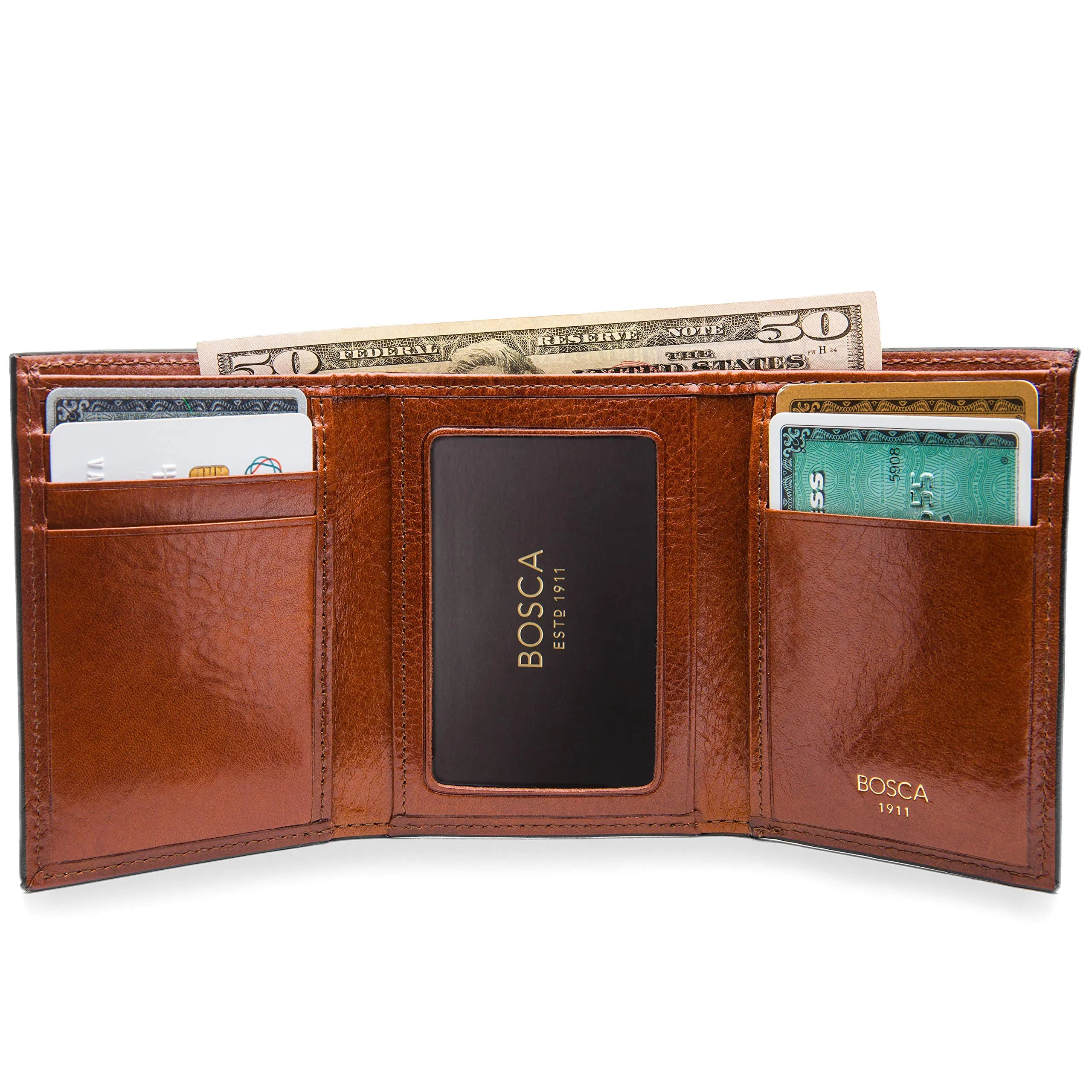 Bosca Mens Old Leather Collection Double ID Trifold Wallet