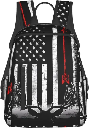Bow Deer Hunting American Flag Casual Backpacks Laptop Backpack Outdoor Travel Rucksack Sport Carry-On Daypack Lightweight Bag with Multi-Pockets