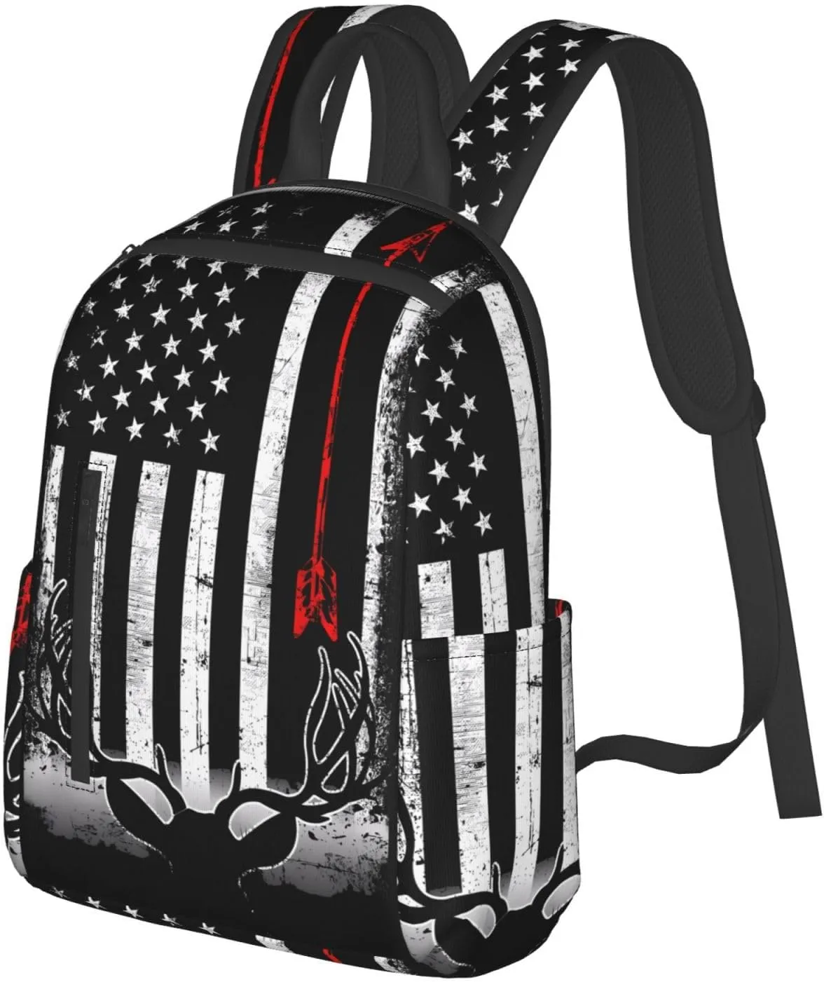 Bow Deer Hunting American Flag Casual Backpacks Laptop Backpack Outdoor Travel Rucksack Sport Carry-On Daypack Lightweight Bag with Multi-Pockets