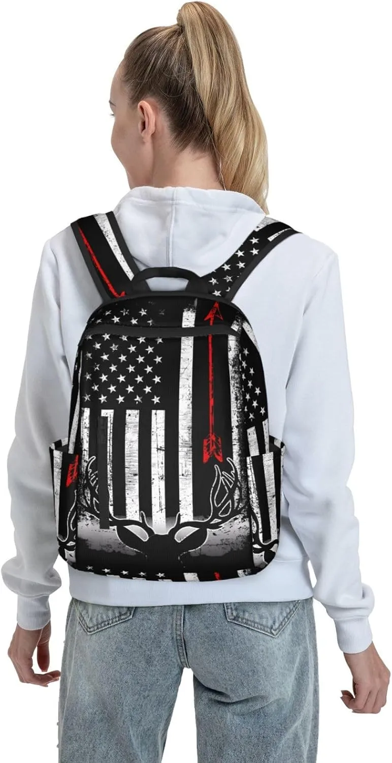 Bow Deer Hunting American Flag Casual Backpacks Laptop Backpack Outdoor Travel Rucksack Sport Carry-On Daypack Lightweight Bag with Multi-Pockets