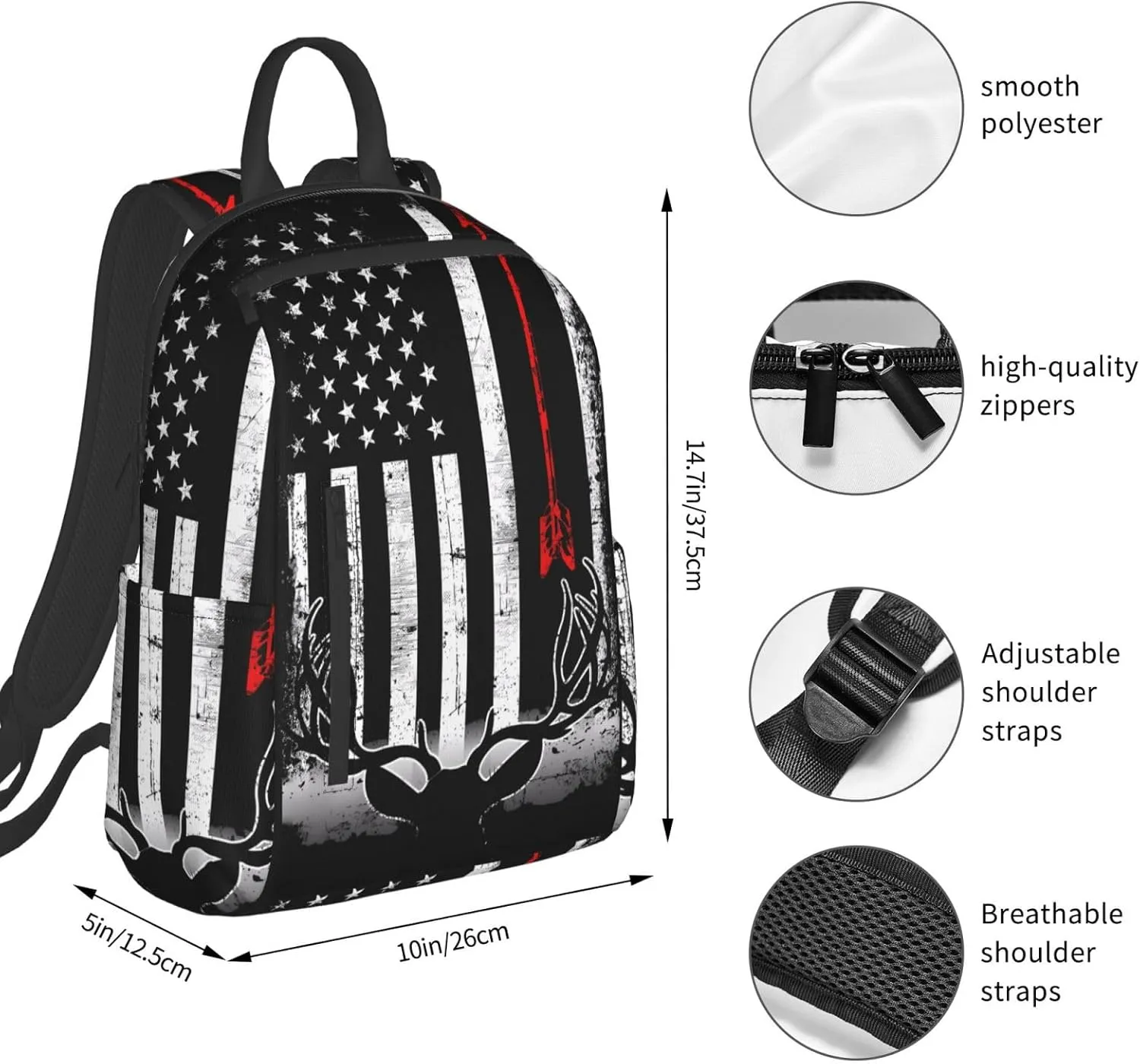 Bow Deer Hunting American Flag Casual Backpacks Laptop Backpack Outdoor Travel Rucksack Sport Carry-On Daypack Lightweight Bag with Multi-Pockets
