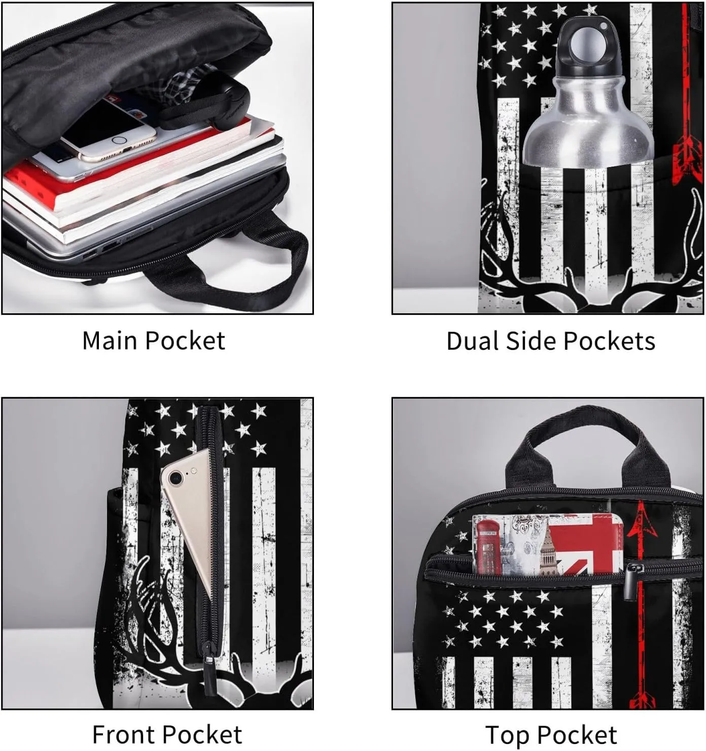 Bow Deer Hunting American Flag Casual Backpacks Laptop Backpack Outdoor Travel Rucksack Sport Carry-On Daypack Lightweight Bag with Multi-Pockets