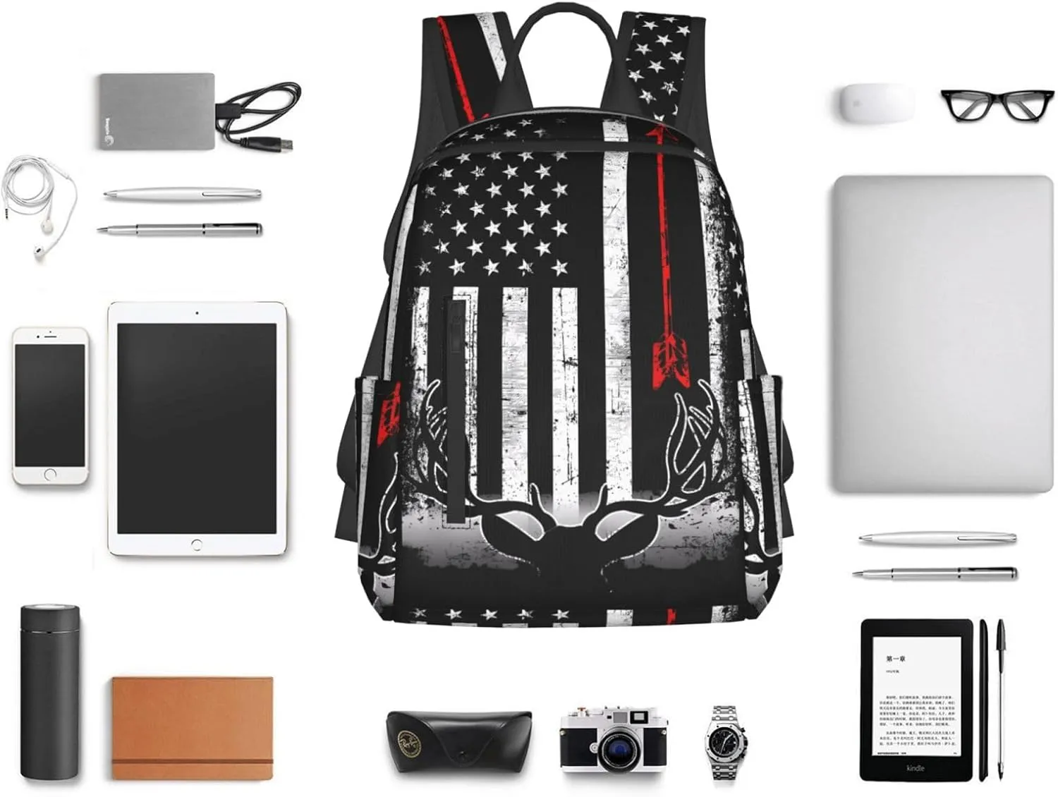 Bow Deer Hunting American Flag Casual Backpacks Laptop Backpack Outdoor Travel Rucksack Sport Carry-On Daypack Lightweight Bag with Multi-Pockets