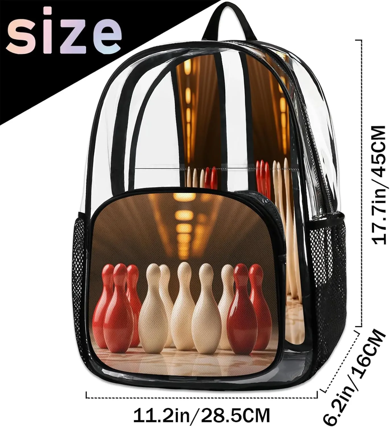 Bowling Ball Theme Clear Backpack PVC Waterproof Transparent Backpack Heavy Duty See Through Backpacks with Reinforced Strap for Travel Outdoor Concert Work
