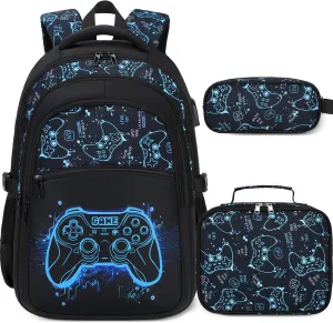 Boys Backpack for School, 3PCS Cool Luminous Gamer Backpack for Boys with Lunch Box Pencil Case, Kids Backpacks Bookbag for Teen Boys Elementary Middle High School with USB Charging Port