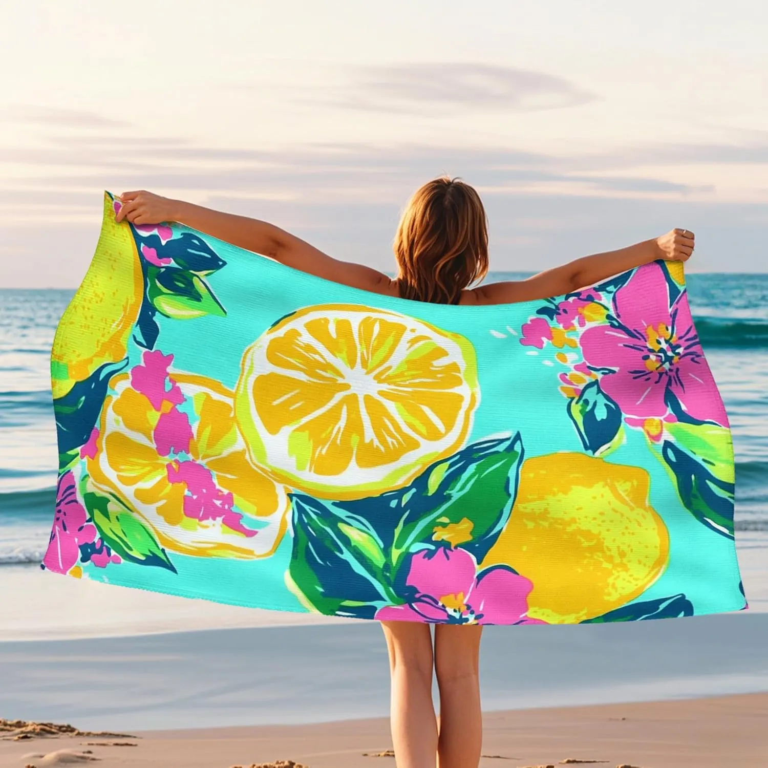 Bright Tropical Lemon Microfiber Beach Towel Blue Floral Design Soft Absorbent Quick Dry Sand Free Lightweight Pool Picnic Essential 62x31 Inch